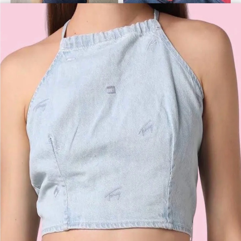 Tommy Hilfiger Light Blue Denim Crop Top halter tank adjustable tie back logo M